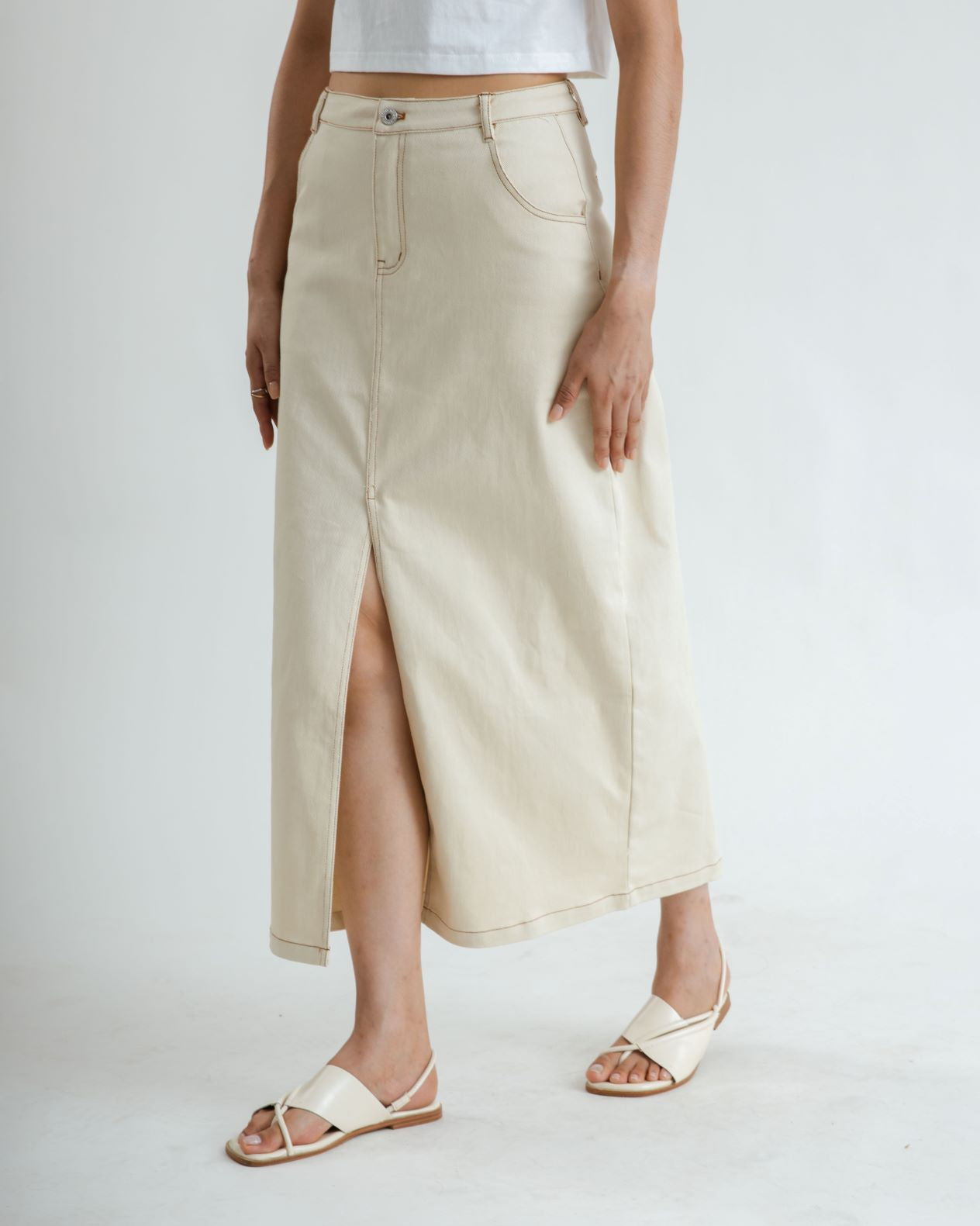 Margette Slit Denim Midi Skirt Beige