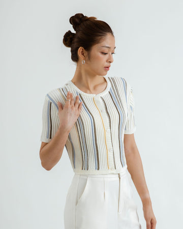 Eco Two Way Button Down Stripes Knit Top (White)