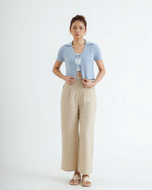 Eco Tie-Front Collared Knit Top (Blue)