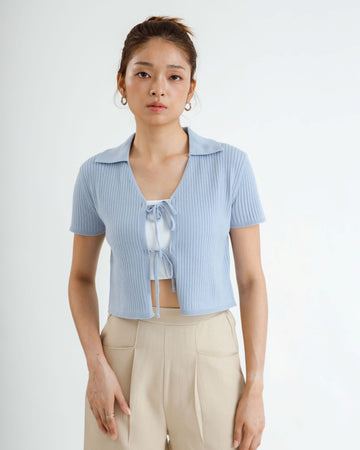 Eco Tie-Front Collared Knit Top (Blue)