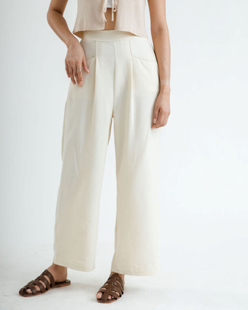 Elastic Waist Pleated Straight Cut Trousers (Bone)