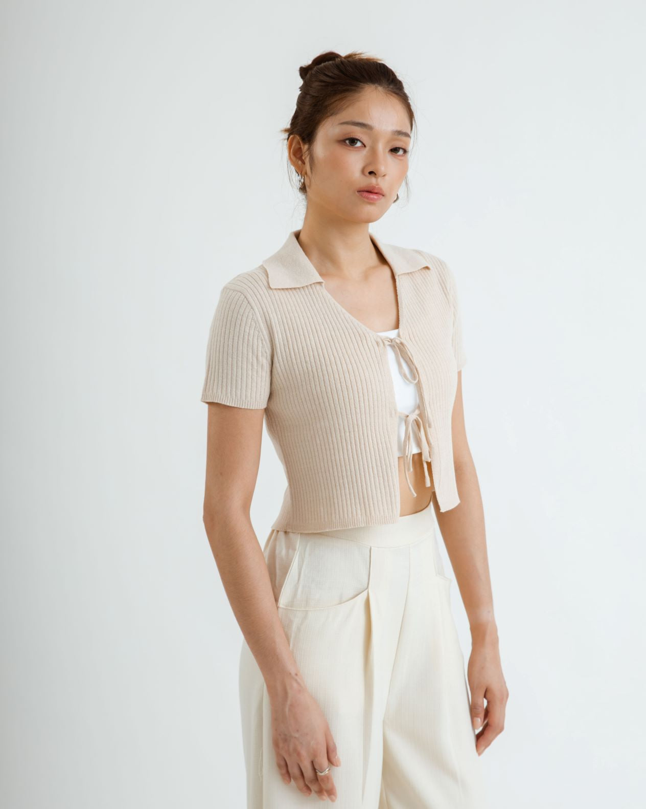 Eco Tie-Front Collared Knit Top (Beige)