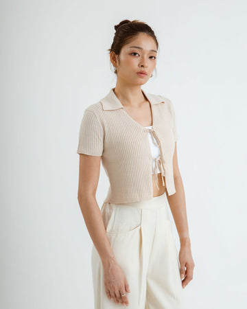 Eco Tie-Front Collared Knit Top (Beige)