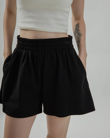 Elastic Waist Cotton Wide Leg Shorts (Black)