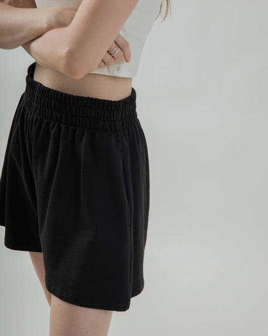 Elastic Waist Cotton Wide Leg Shorts (Black)