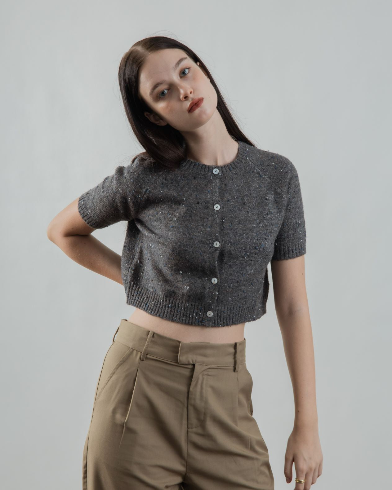 Button Down Two Way Knit Top (Grey Mix)