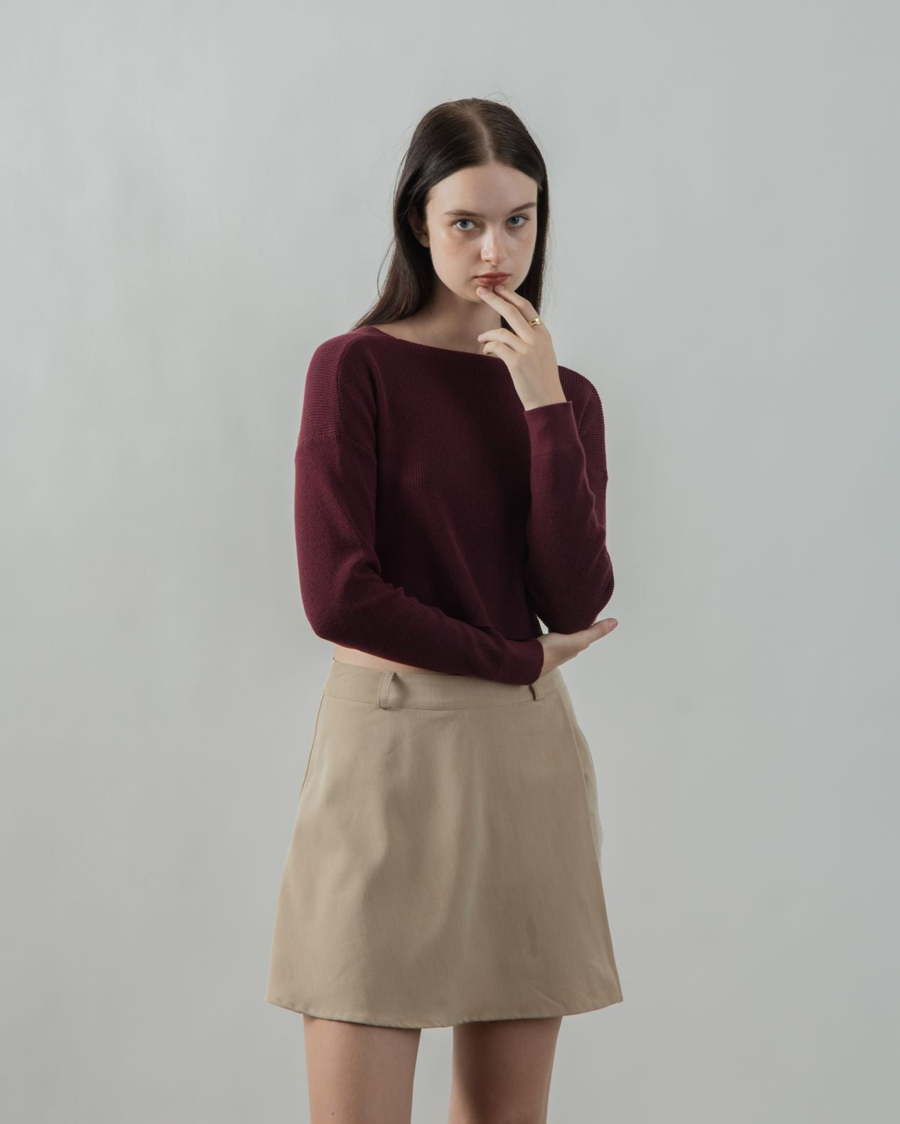 Two Way Twisted Long Sleeve Knit Top (Maroon)