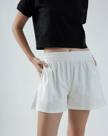 Elastic Waist Cotton Wide Leg Shorts (White)