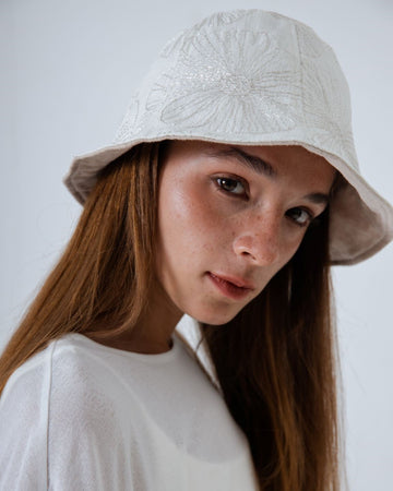 Reversible Floral Embroidered Bucket Hat (Beige)