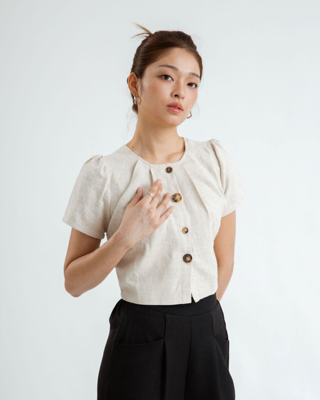 Two Way Linen Pleated Blouse (Khaki)