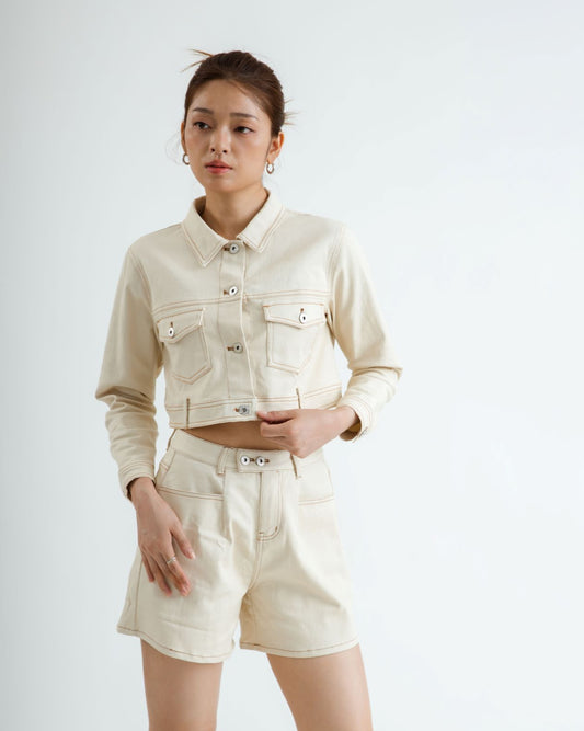 Dual Button High Waist Denim Shorts (Beige)