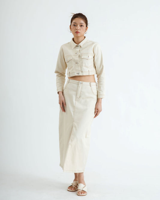 Margette Slit Denim Midi Skirt (Beige)