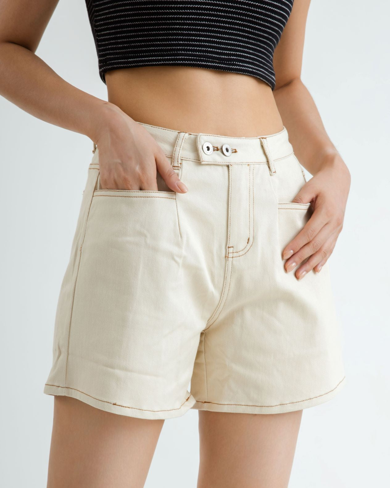 Dual Button High Waist Denim Shorts (Beige)