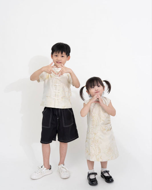 Girl Floral Gold Embroidery Cheongsam Dress (Beige)