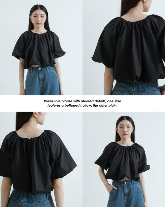 Two Way Pleated Balloon Sleeve Blouse (Black)