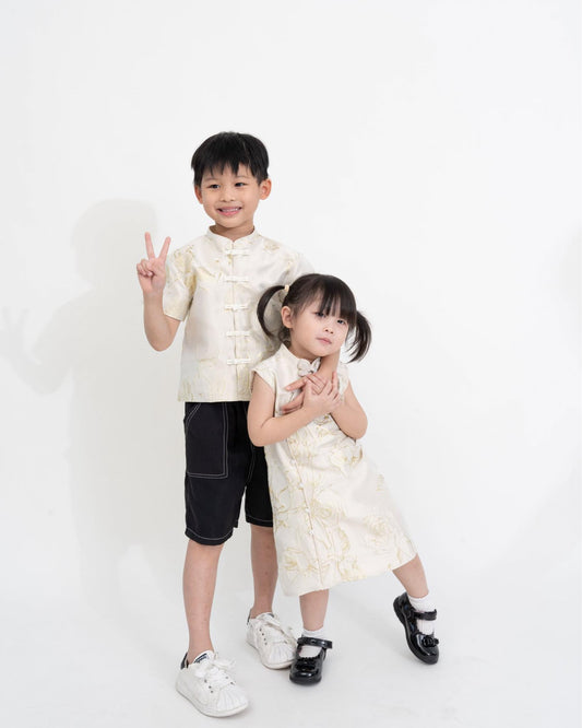 Boy Floral Gold Embroidery Tang Suit (Beige)