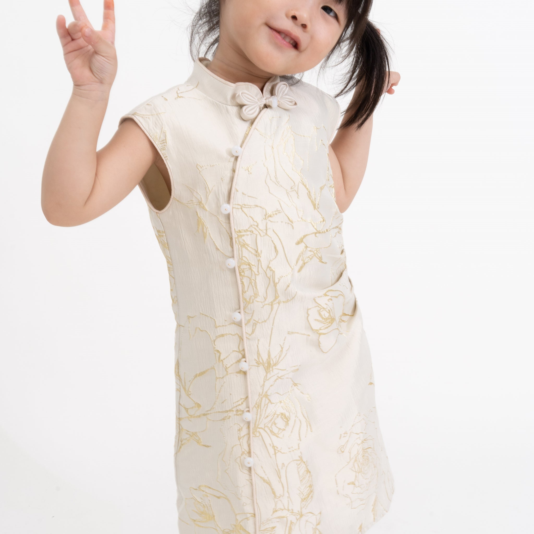 Girl Floral Gold Embroidery Cheongsam Dress (Beige)