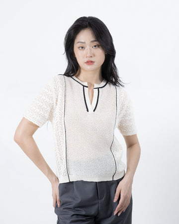 Eco V-neck Crochet Knit Top (Ivory)