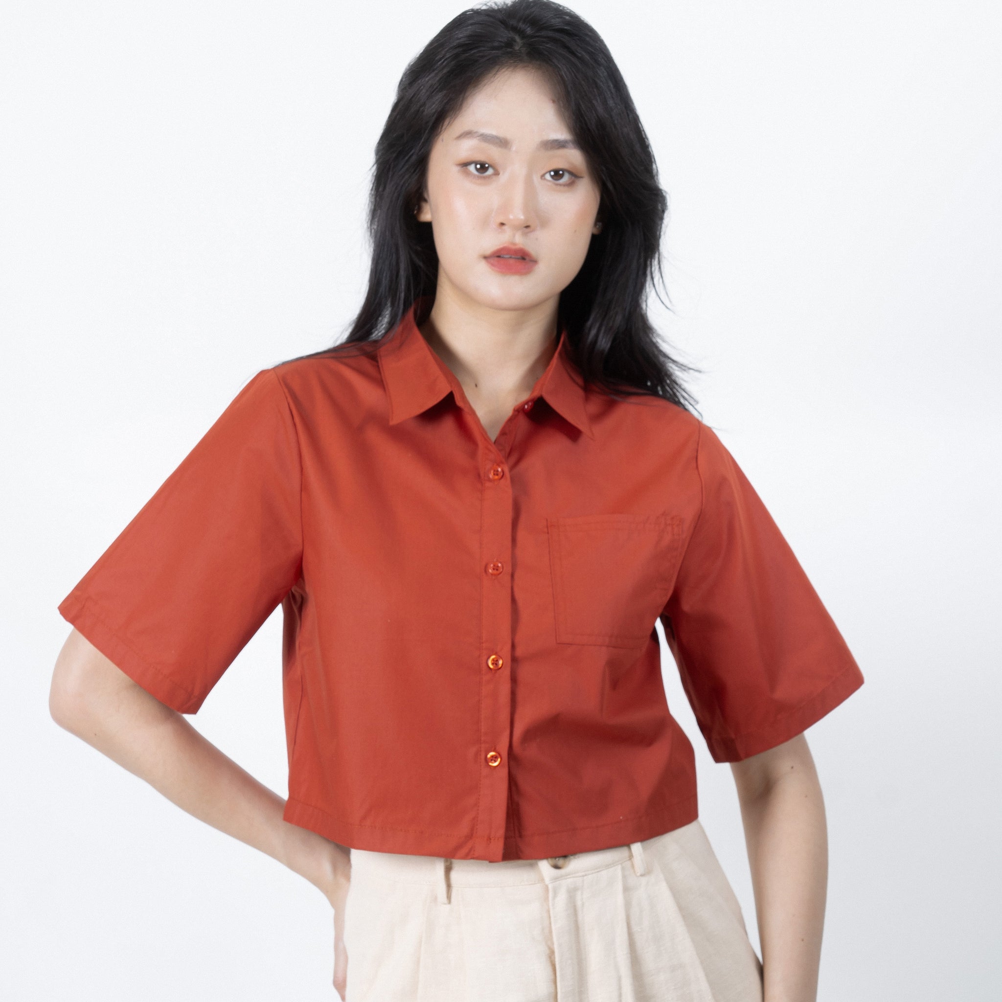 Short Sleeve Pocket Crop Shirt (Rust)