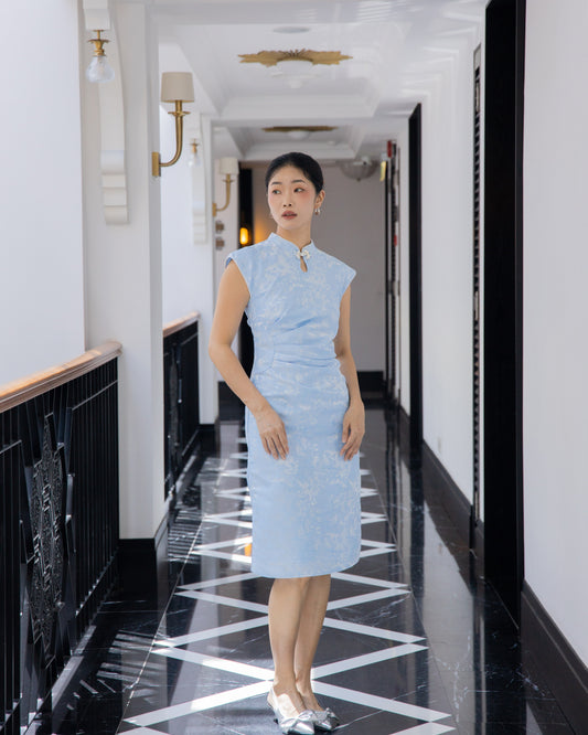 Spring Aura Embroidery Gathered Cheongsam Dress (Blue)