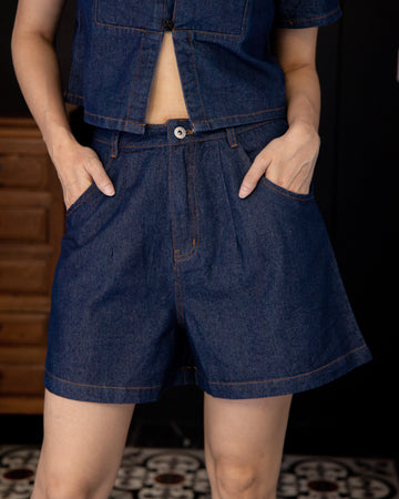 High Waist A Line Denim Shorts (Denim)