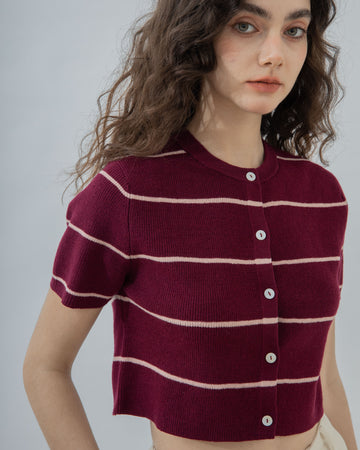 Short Sleeve Stripes Knit Top (Red Stripes)