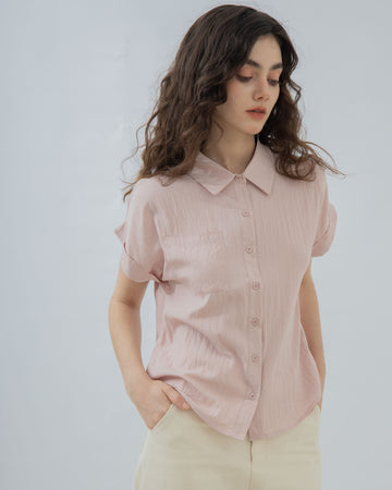 Folded Sleeve Short Sleeve Blouse (Pink)