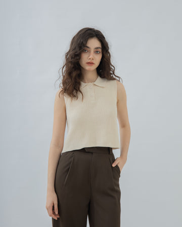 Bella Sleeveless Polo Knit Top (Beige)