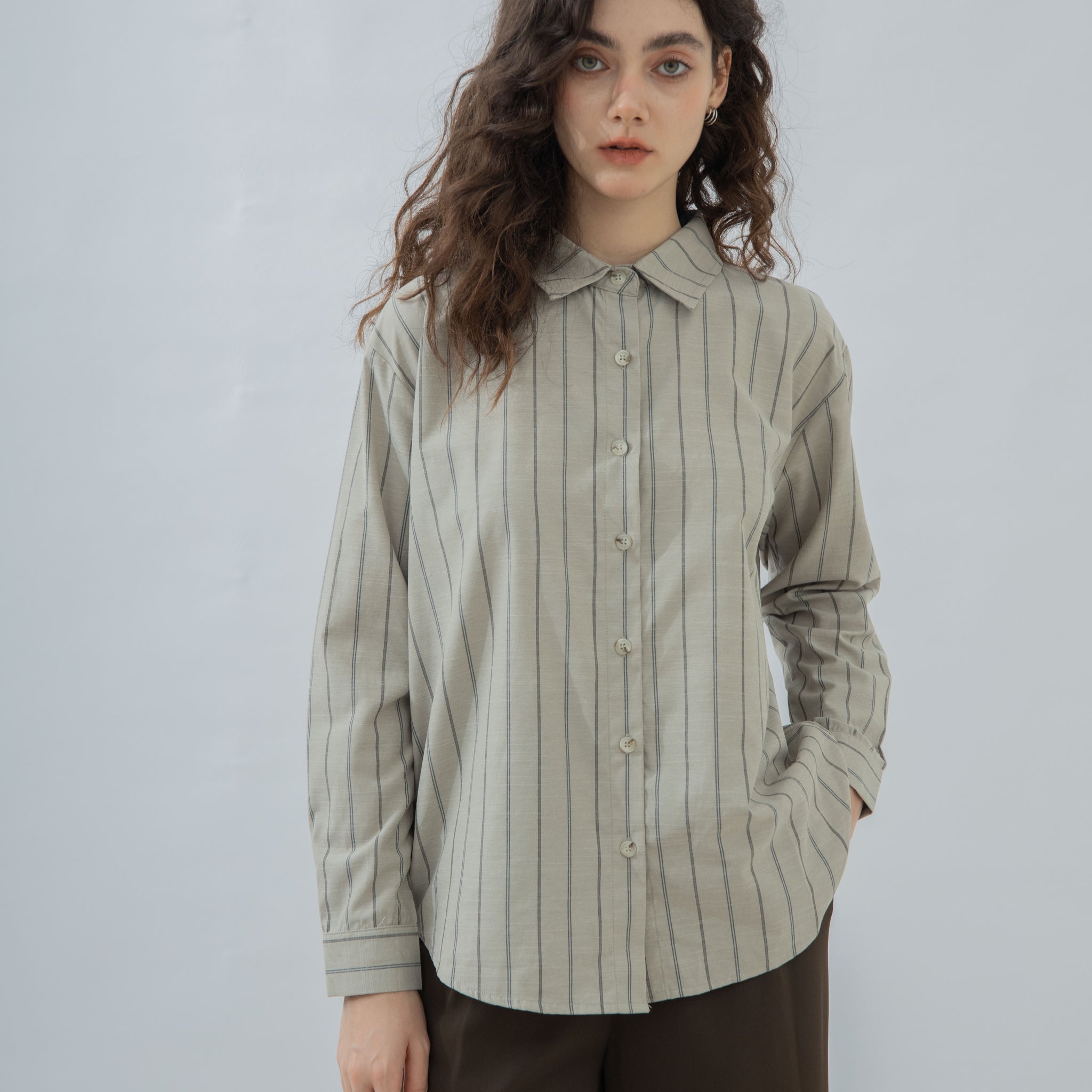 Stripes Collar Oversized Shirt (Khaki Stripes)