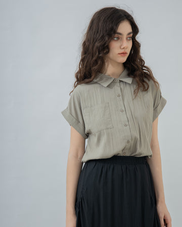 Folded Sleeve Short Sleeve Blouse (Khaki)