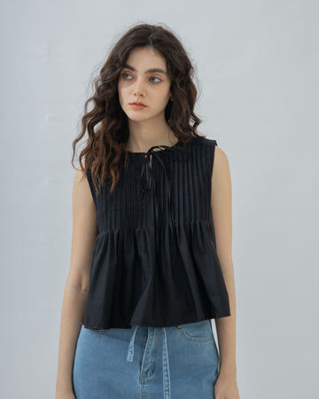 Sleeveless Pintuck Front-Tie Top (Black)