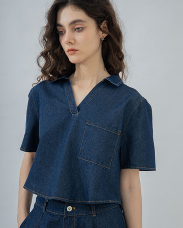 Open Collar Oversize Denim Top (Denim)