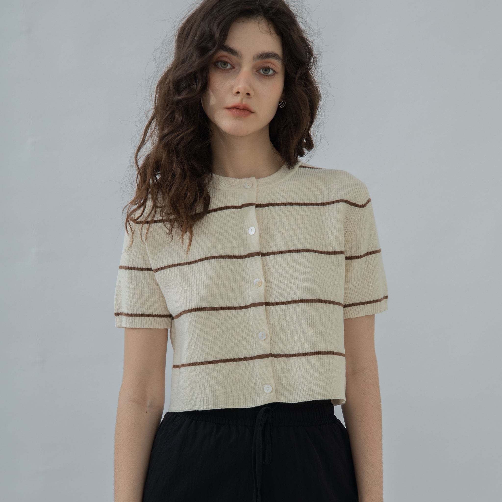 Short Sleeve Stripes Knit Top (Beige Stripes)