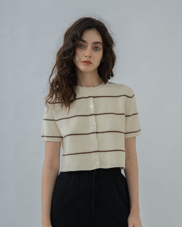 Short Sleeve Stripes Knit Top (Beige Stripes)