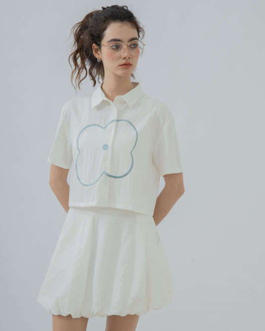 LULU Embroidery Button Down Crop Shirt (White)