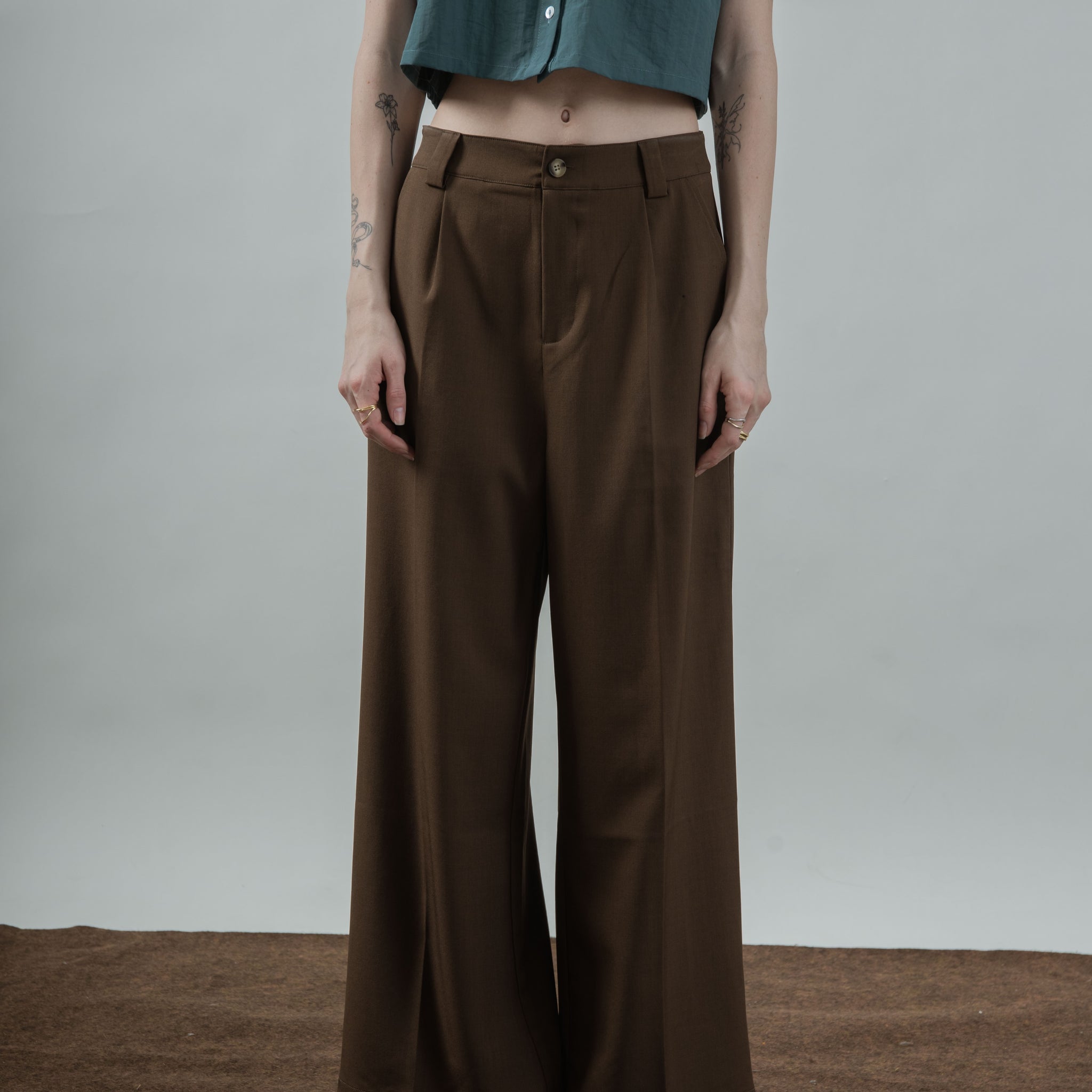 Classic High Waist Straight Cut Trousers (Dark Brown)