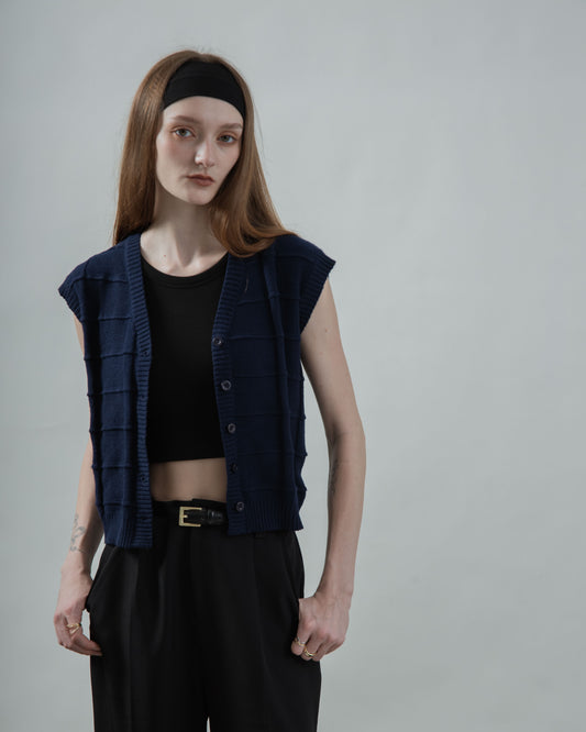 Checkered Texture Knit Vest (Navy)