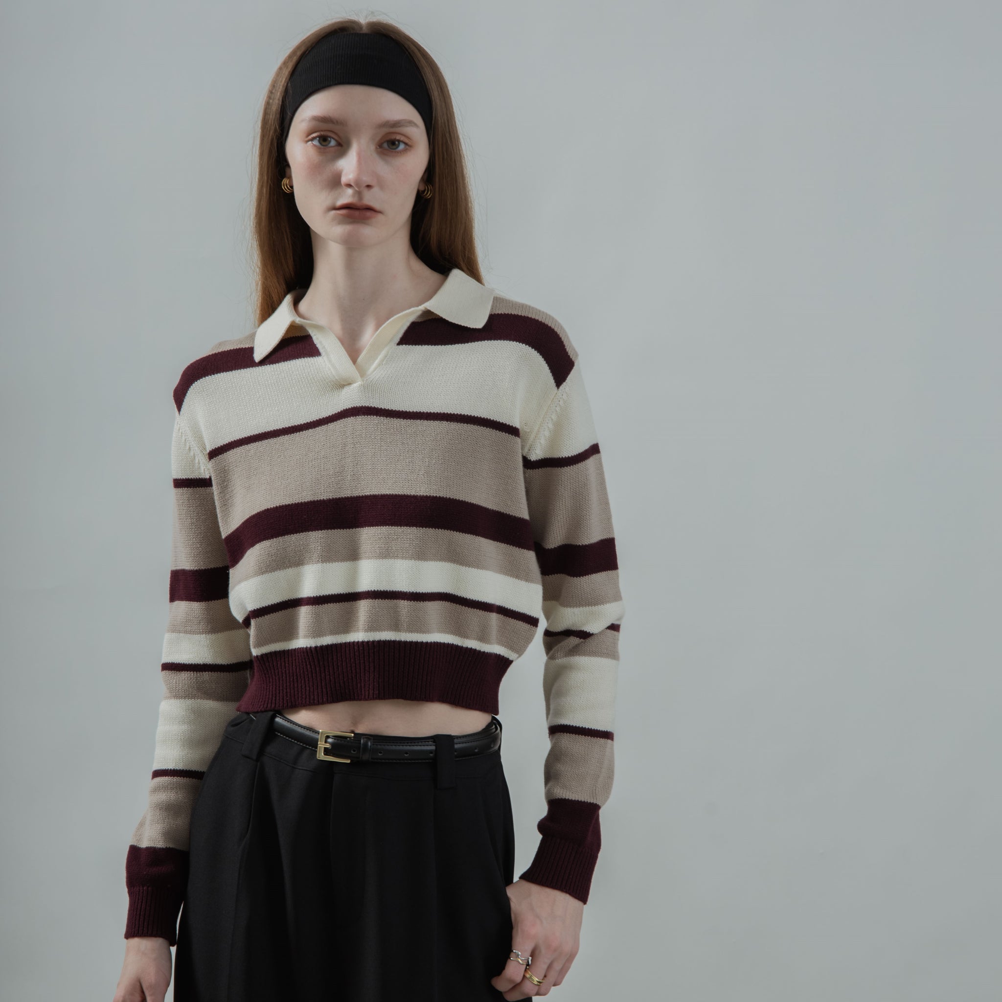 V Neck Collared Long Sleeve Knit Top (Maroon Stripes)