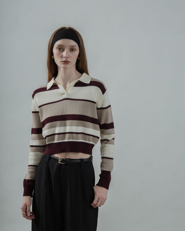 V Neck Collared Long Sleeve Knit Top (Maroon Stripes)