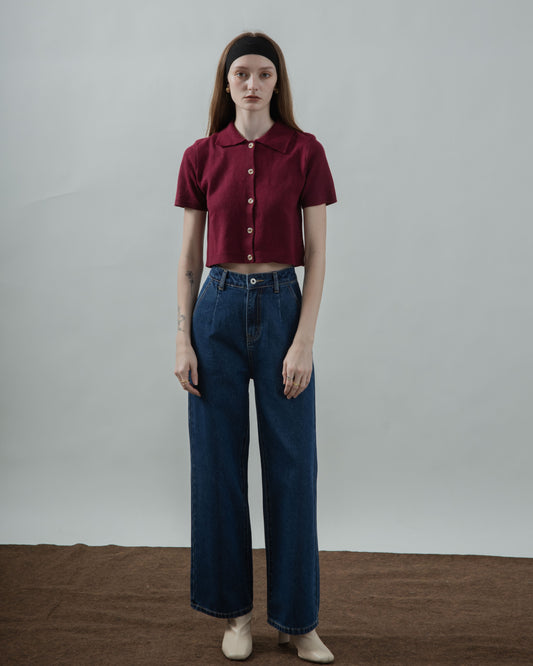 Dahlia Button Down Polo Knit Top (Maroon)