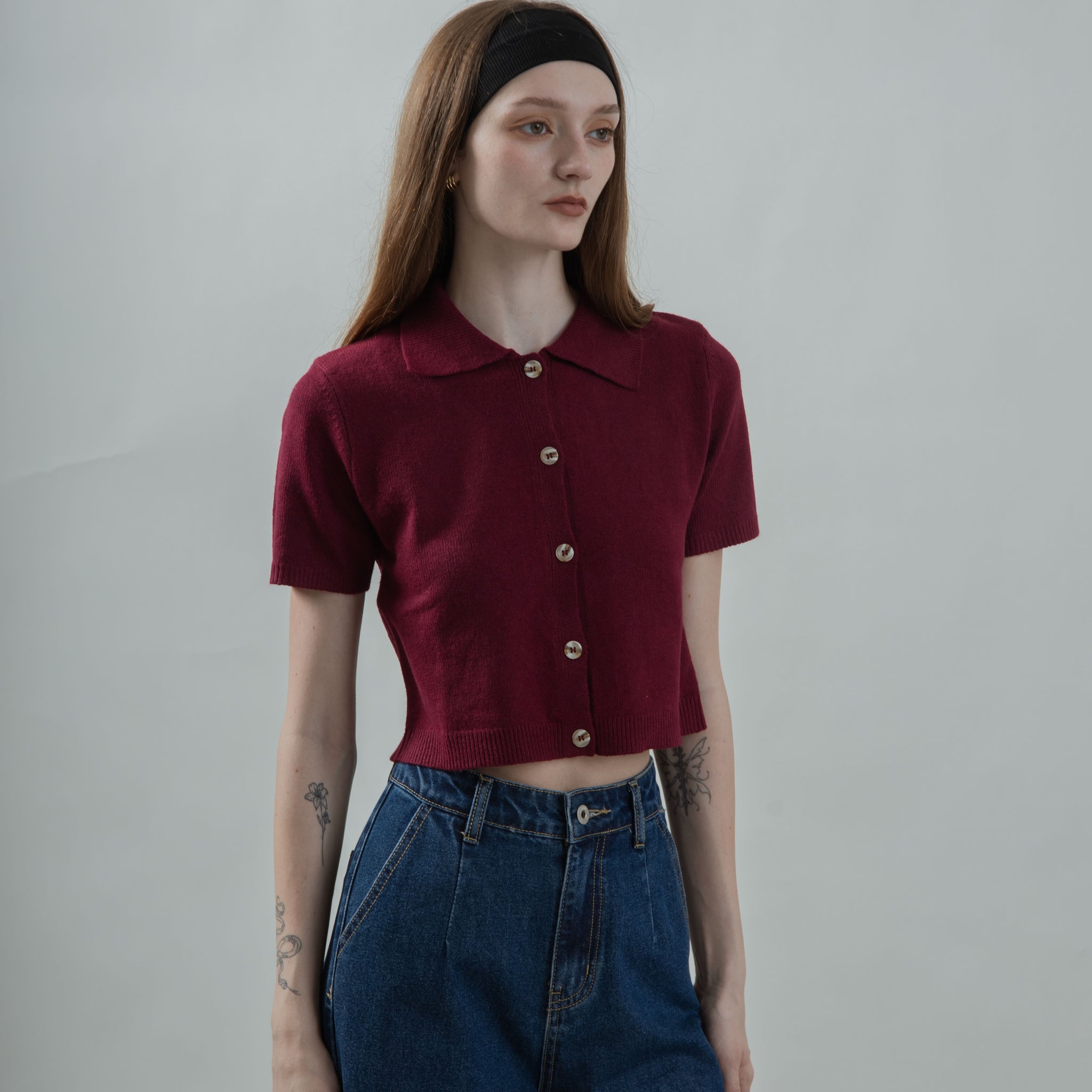 Dahlia Button Down Polo Knit Top (Maroon)