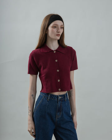 Dahlia Button Down Polo Knit Top (Maroon)