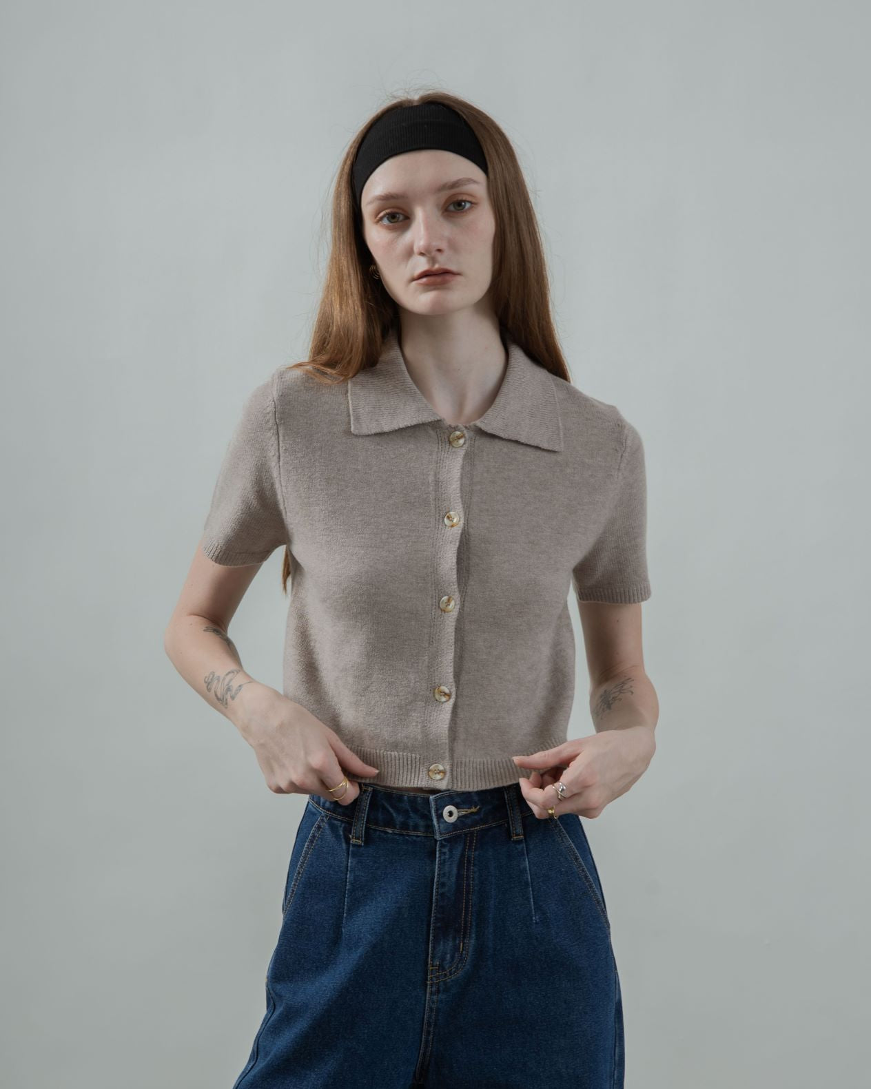 Dahlia Button Down Polo Knit Top (Ash Brown)