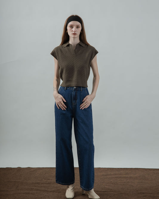 V Placket Collared Knit Top (Dark Khaki)