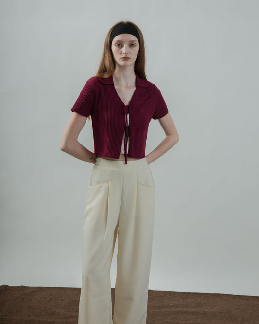 Eco Tie-Front Collared Knit Top (Maroon)