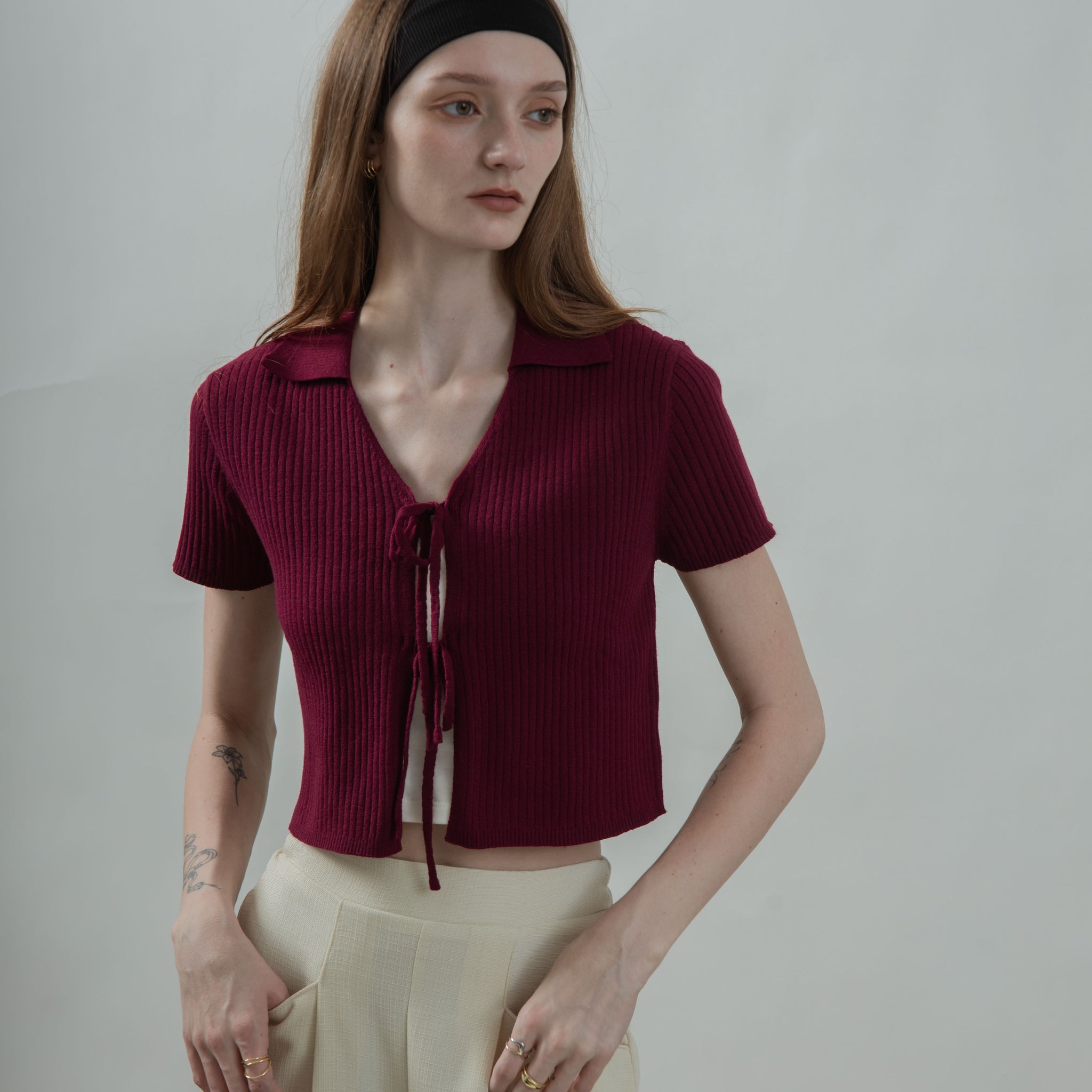 Eco Tie-Front Collared Knit Top (Maroon)