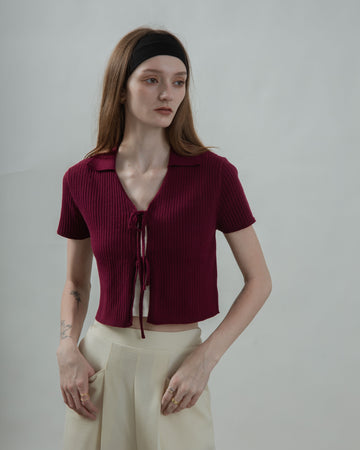 Eco Tie-Front Collared Knit Top (Maroon)