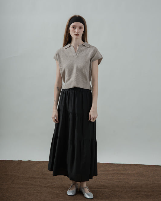 V Placket Collared Knit Top (Ash Brown)