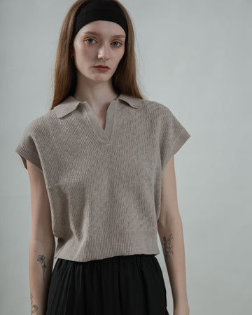 V Placket Collared Knit Top (Ash Brown)