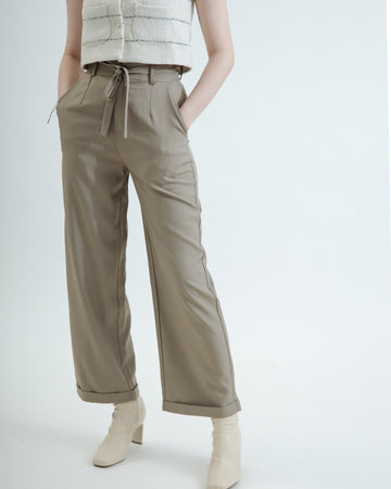 Belted Straight Cut Trousers (Khaki)